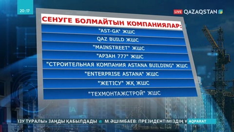 Елорда әкімдігі күдікті тізімге іліккен құрылыс компанияларының тізімін жариялады