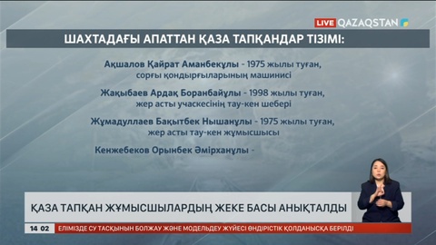 Шахтада қаза тапқан азаматтардың тізімі жарияланды