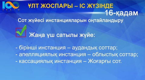 Ұлт жоспарының 16-шы қадамы.Сот төрелігі бессатылыдан үшсатылы жүйеге көшірілді