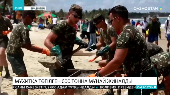 Әскерилер мұхитқа төгілген мұнайды жинап жатыр